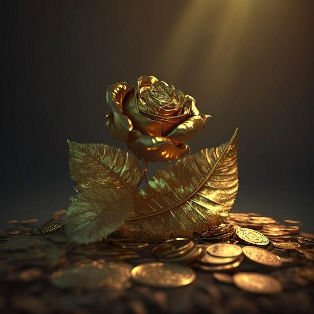 Photo 3d rendering a delicate rose lying on top of a pile of gold coins