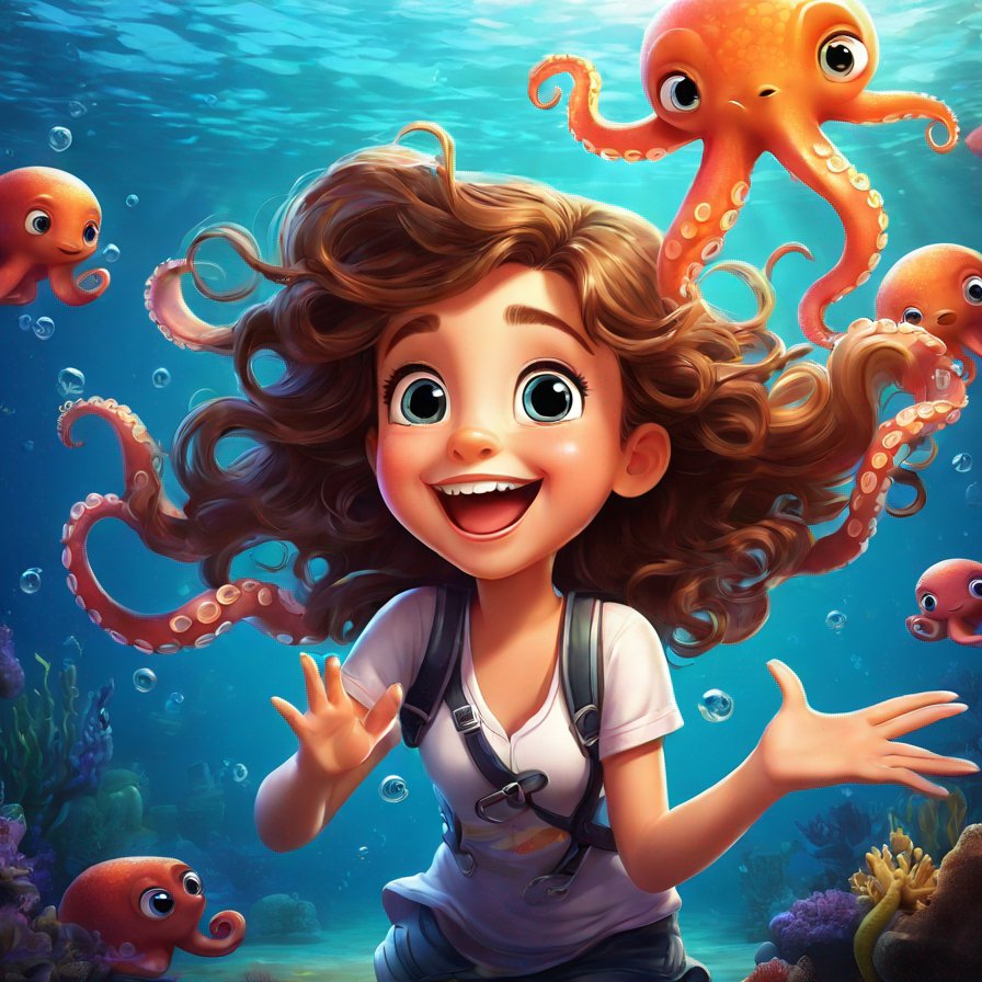 girl, laughing, underwater, octopus, excited, friendship proposal, treasure hunt idea