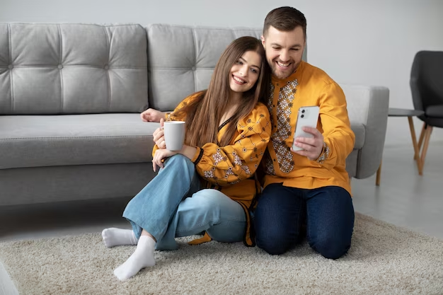 Couple smiling while taking selfie from mobile.