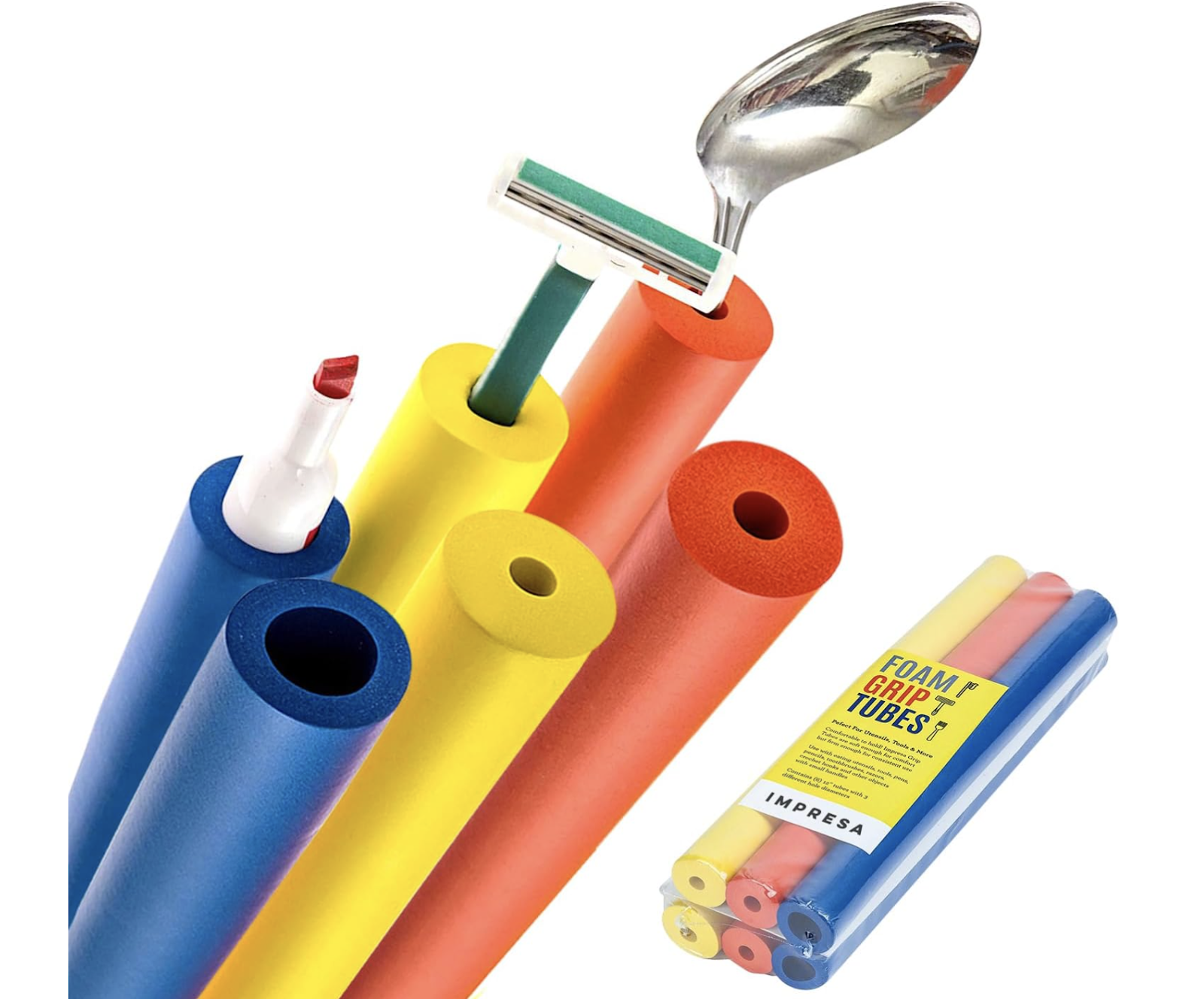 foam grips holding a razor, marker, and spoon in blue, yellow, and orange