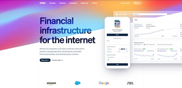 Screenshot of stripe home page.