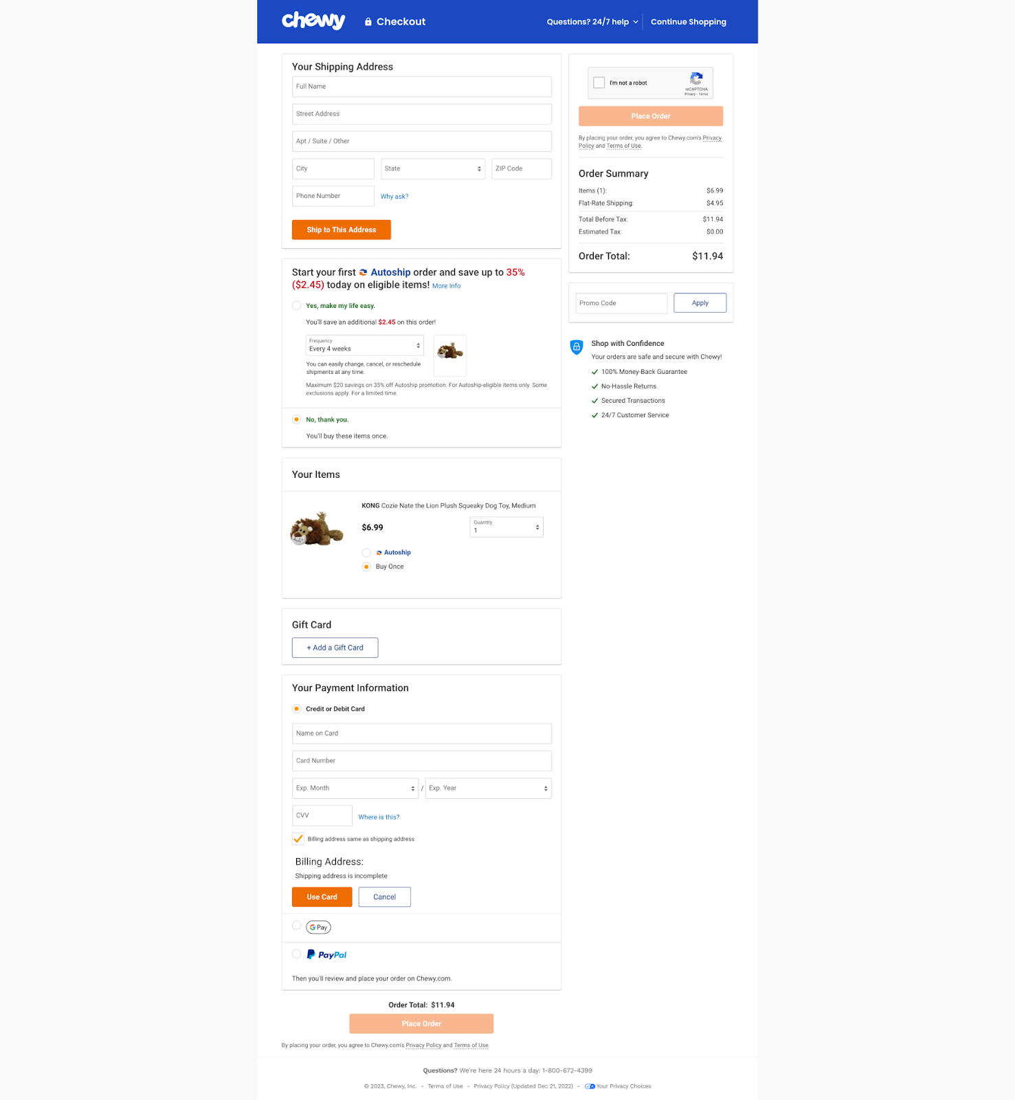 Example checkout page (Chewy)
