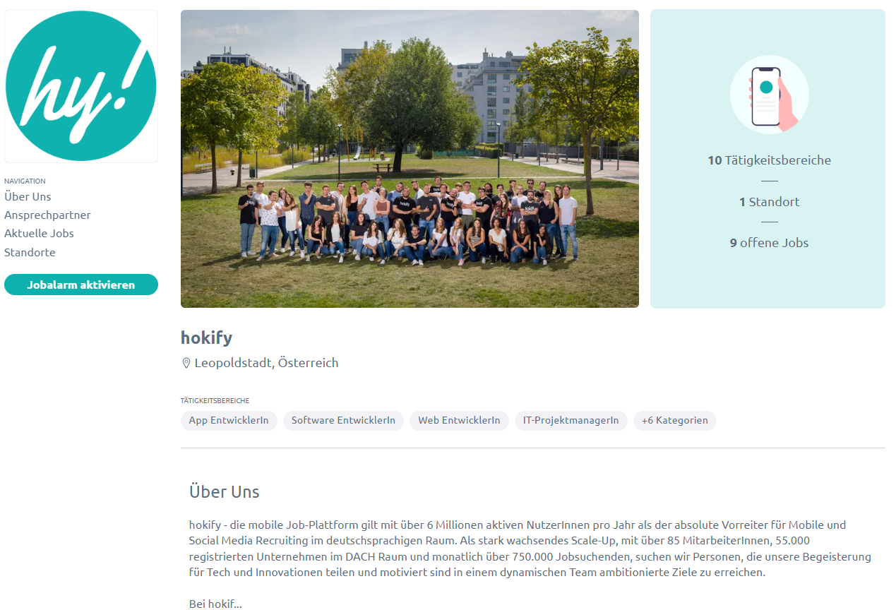 hokify Unternehmensprofil mit Unternehmensbeschreibung, Bildern und Informationen für Kandidat:innen