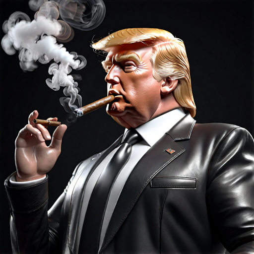 Trump with mean face puffing a cigar in leather blazer from sideview