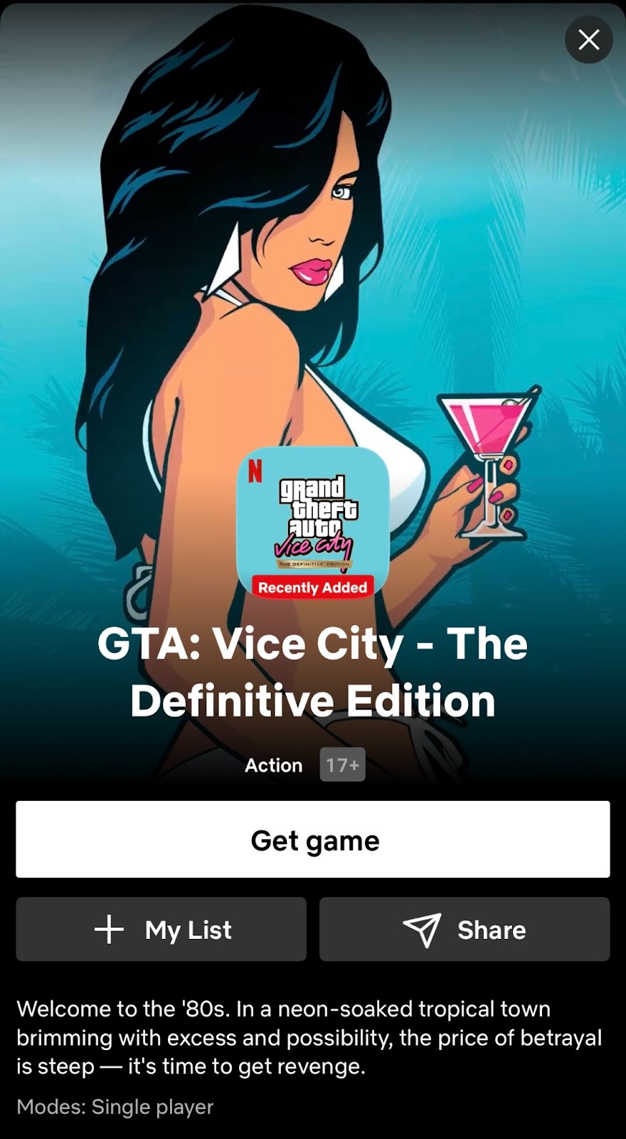 An in app screenshot of the Vice City Definitive Edition game on Netflix. 