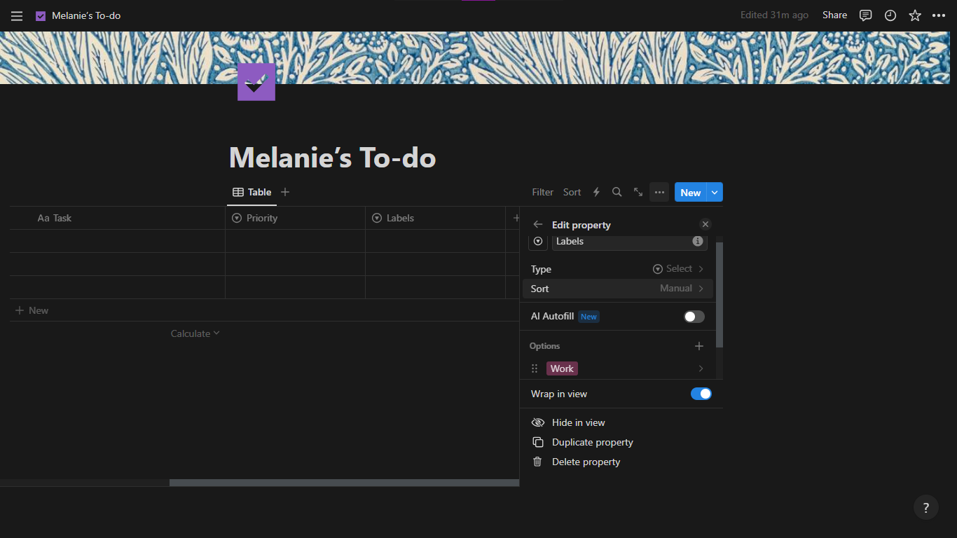 Melanie's To-do Notion page with a table and pop up on display.