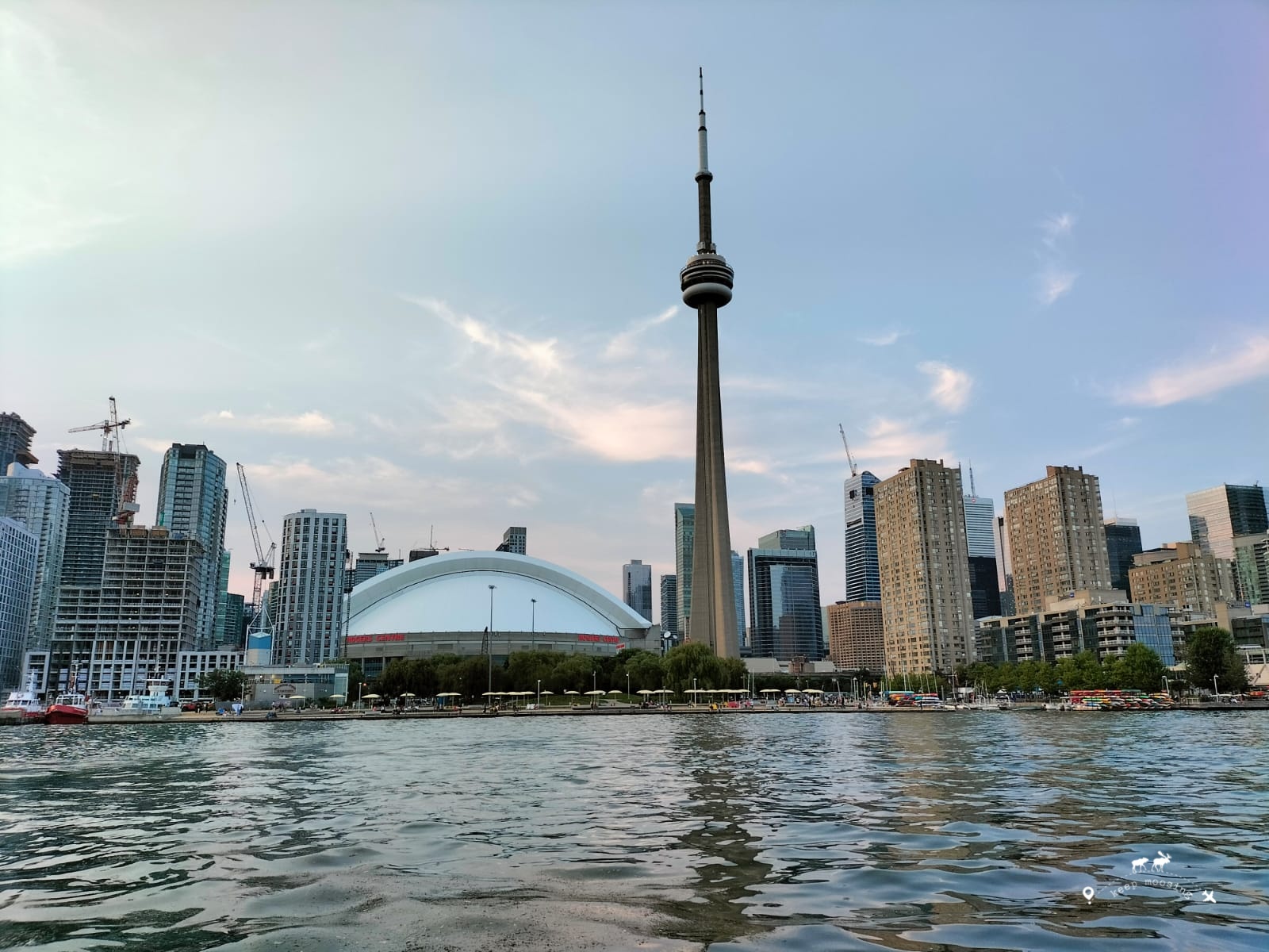 View of the CN Tower and Rogers Center directly from the ferry.