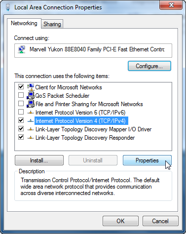 screenshot of local area connection properties