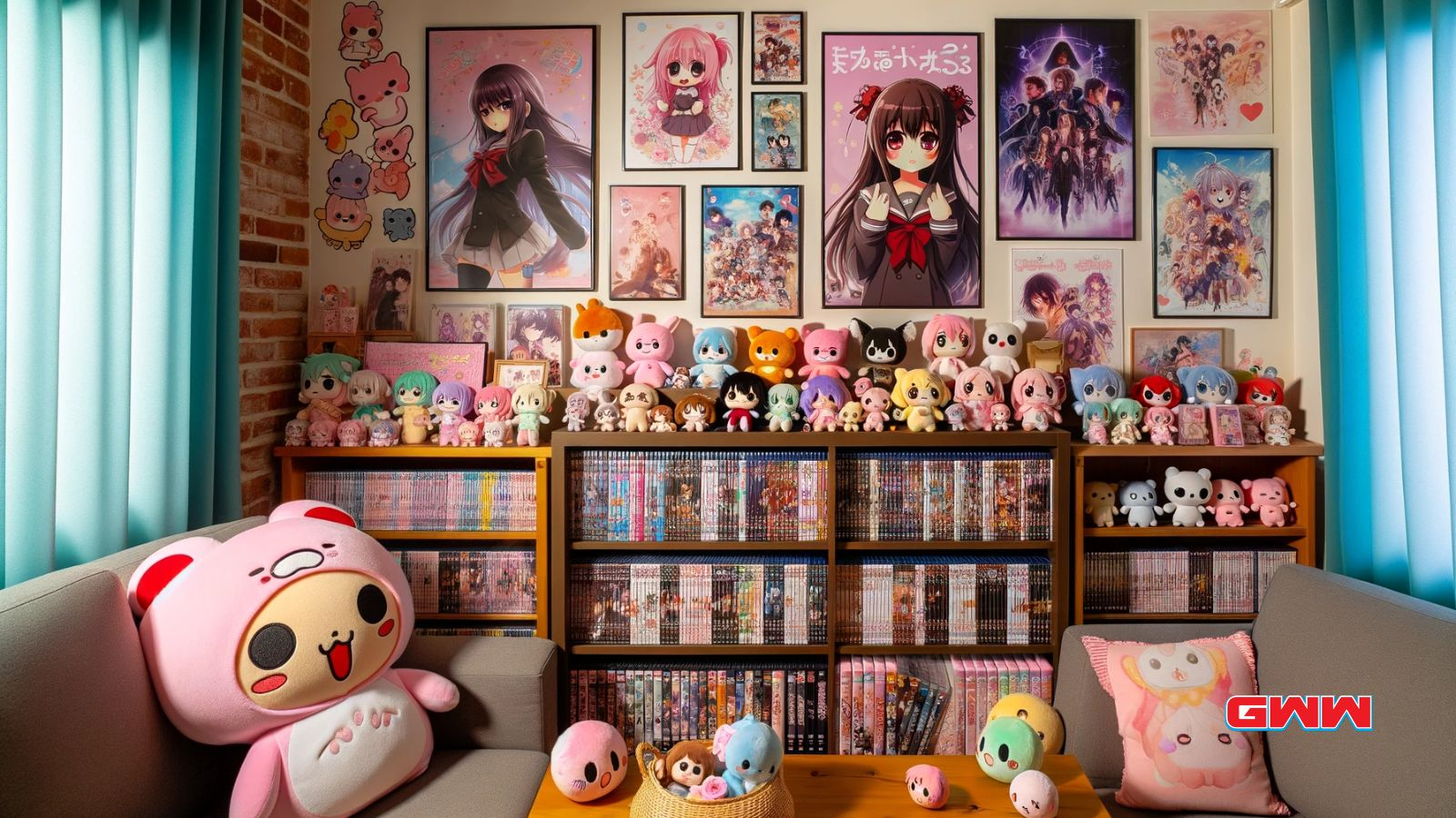 Habitación temática de anime kawaii con peluches y pósters