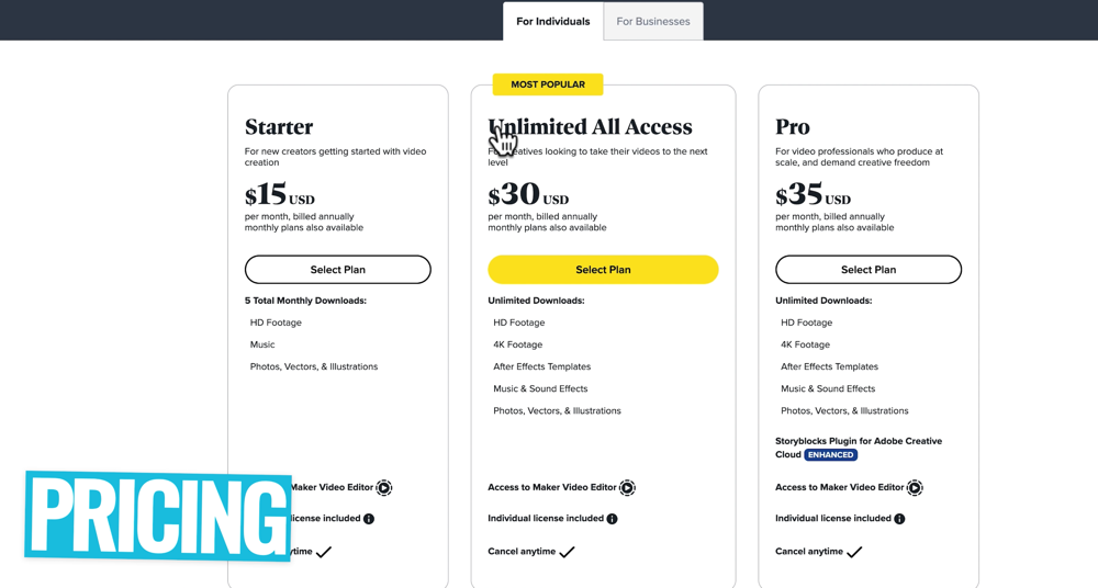 Storyblocks Pricing Plans with Unlimited All Access as the Most Popular