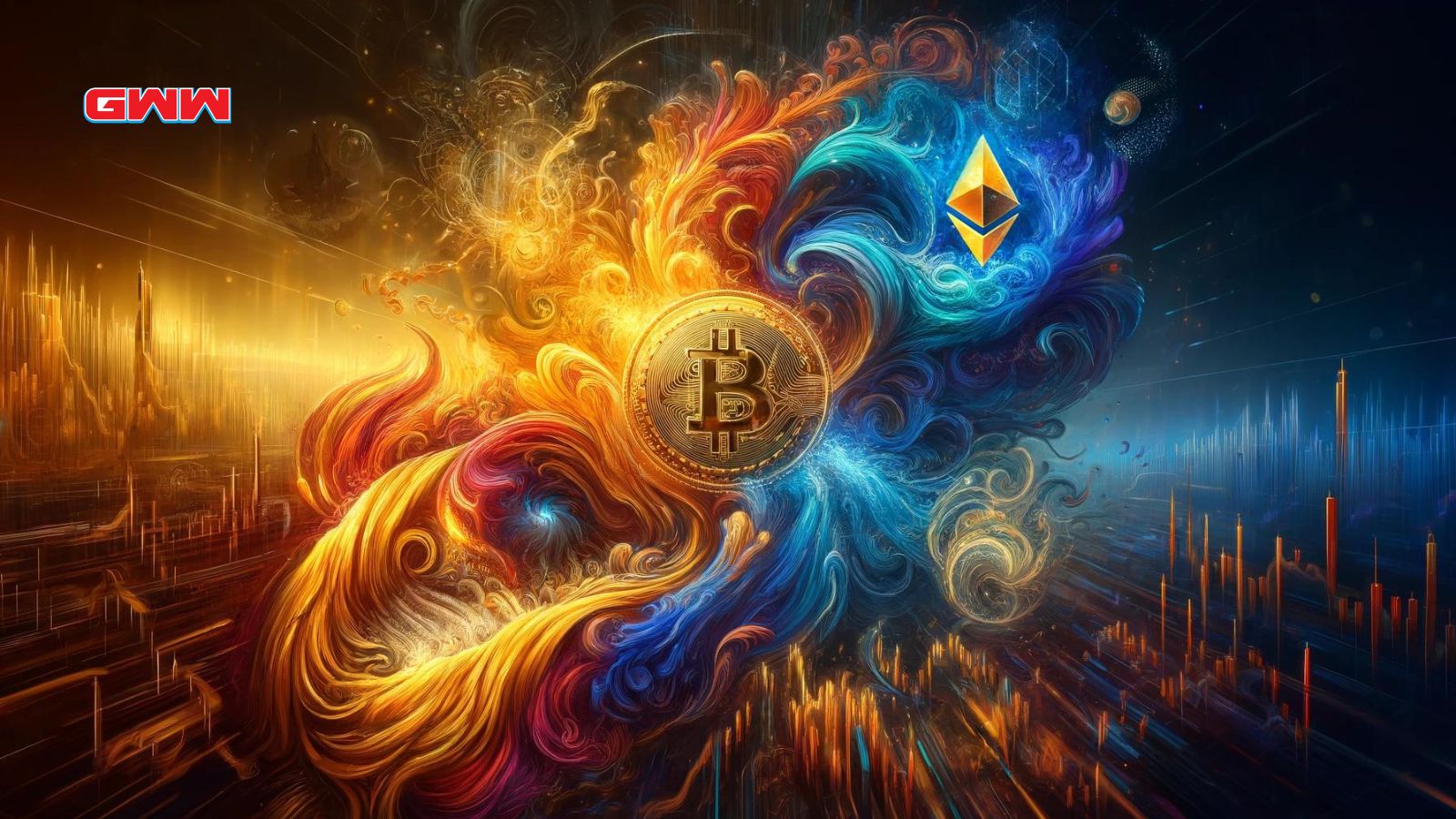 Dinámicas de comercio de Bitcoin y Ether en oro y azul