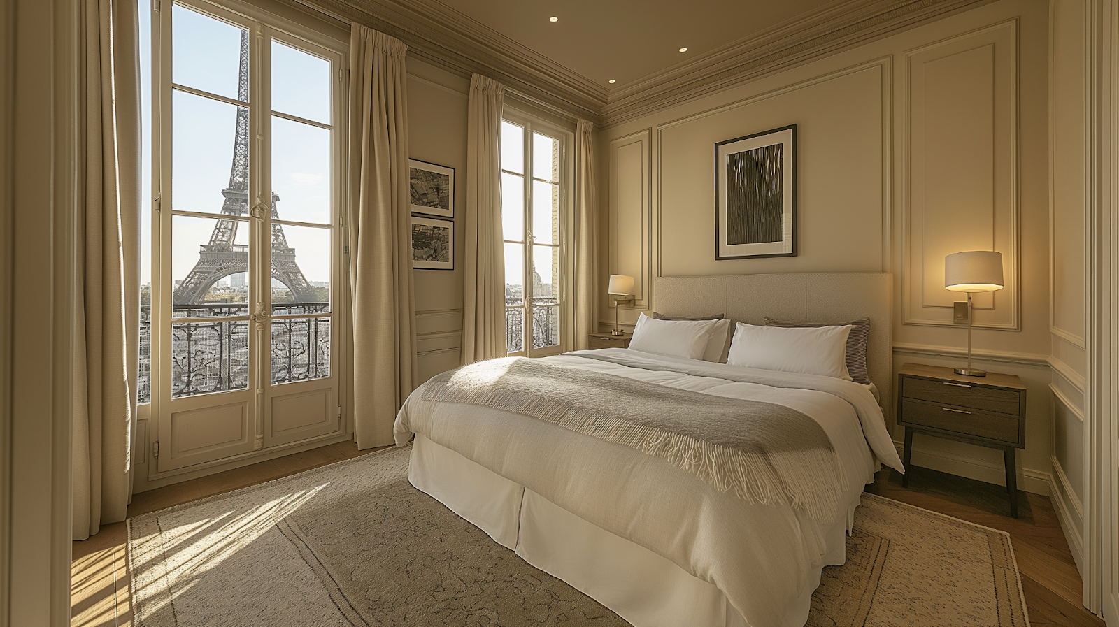 Elegant room in a Parisian boutique hotel with a view of the Eiffel Tower, blending modern and traditional decor.