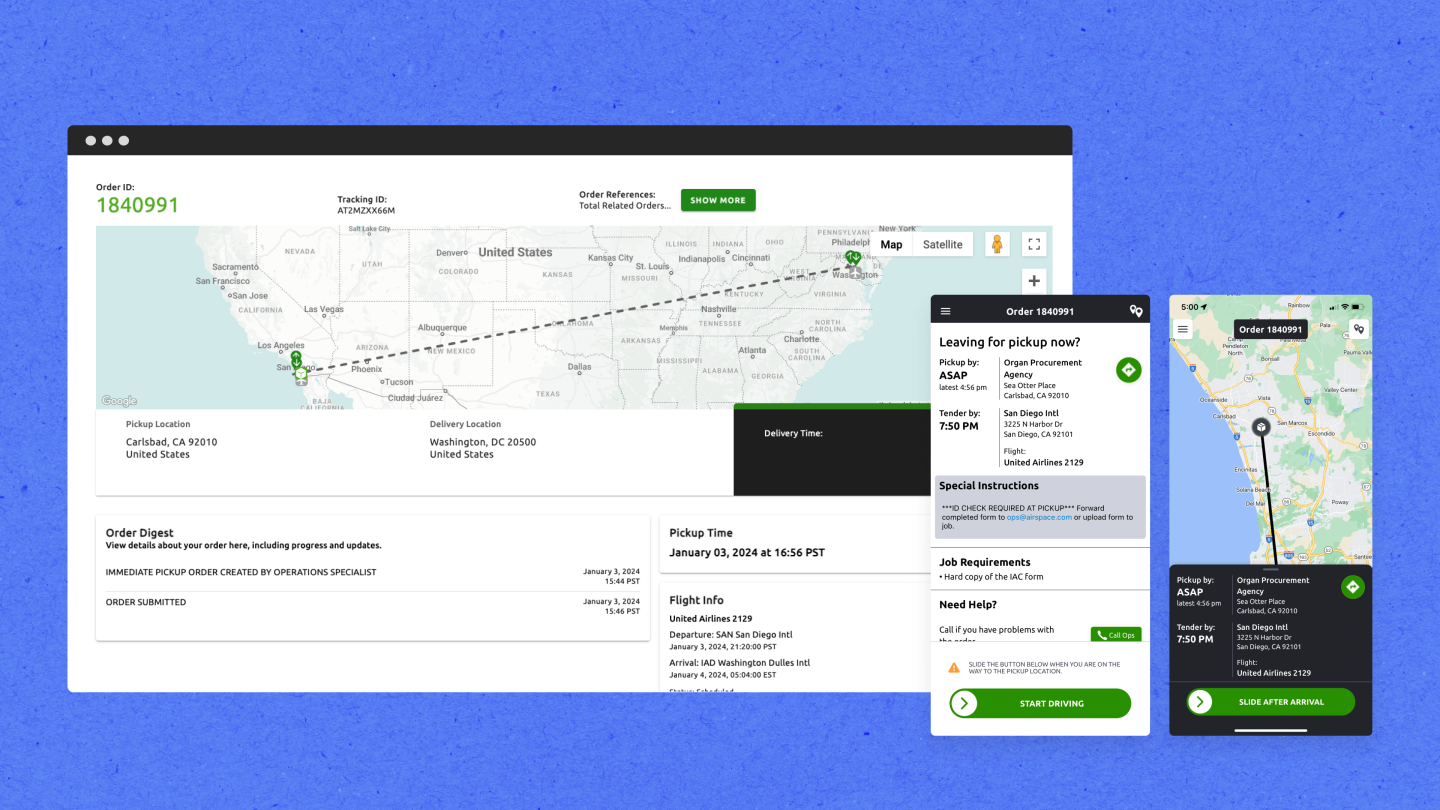 Desktop and mobile pages of Airspace's internal tool to track transit