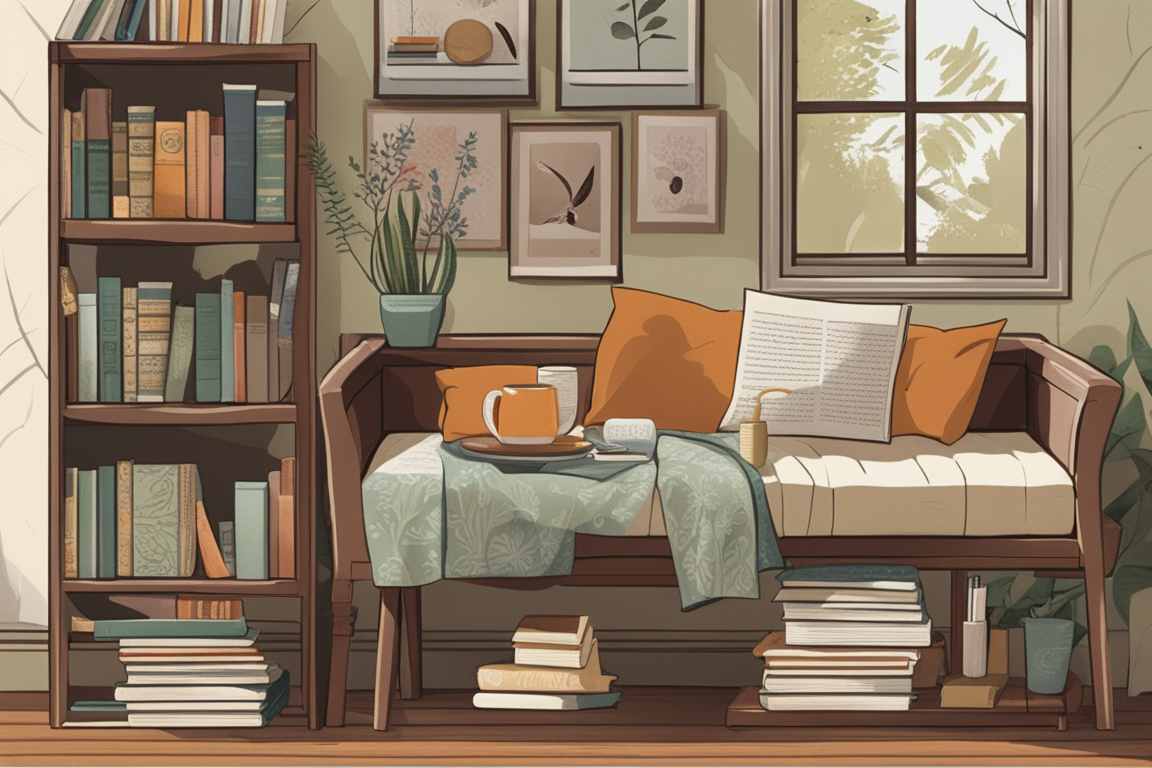 A cozy reading nook with a selection of wellness books