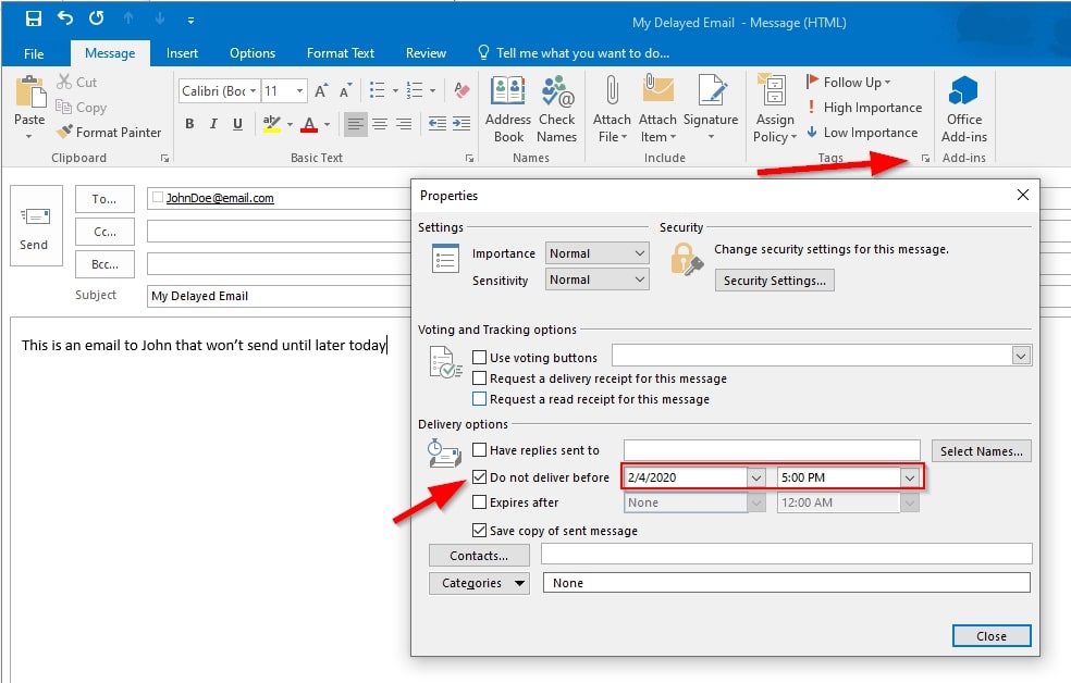 Image showing Outlook "Delay Delivery"