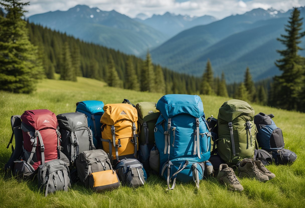 A variety of hiking backpacks laid out on a grassy clearing, surrounded by trees and mountains in the distance. Each backpack is designed for a specific type of hiking, with different sizes, colors, and features