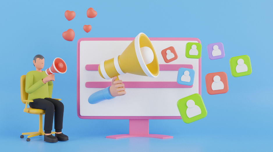 A graphic of a man sitting on a chair and holding a megaphone and a monitor showing social media post reactions.