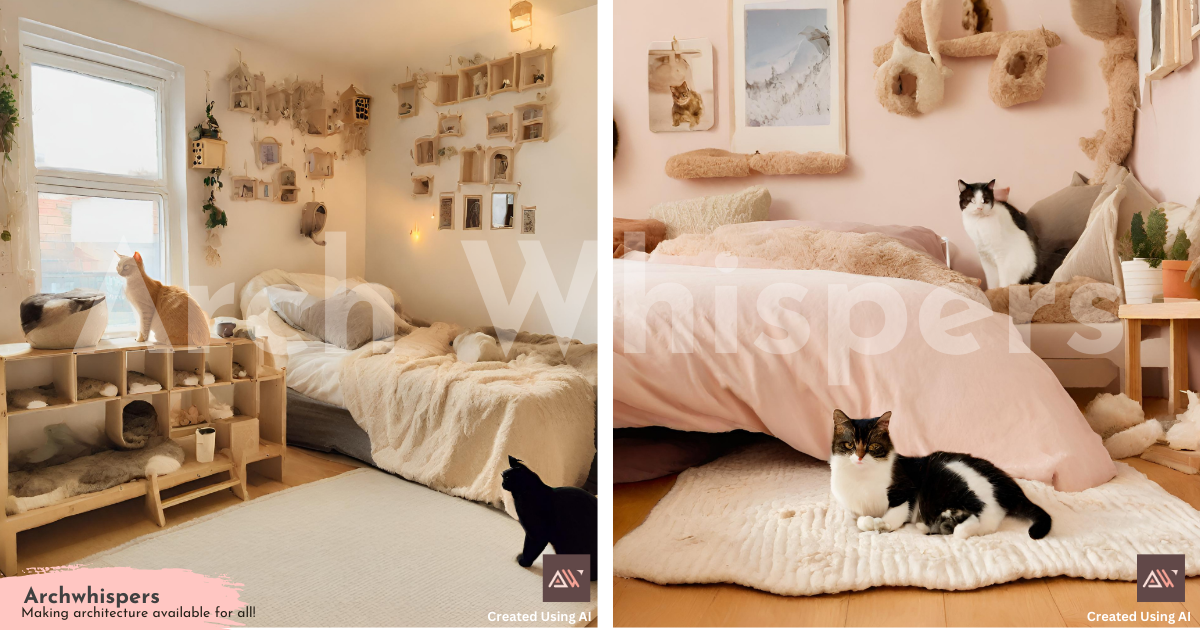 Cat-Friendly Tracks, Rollers & Sleeping Pods Against a Bedroom Wall
