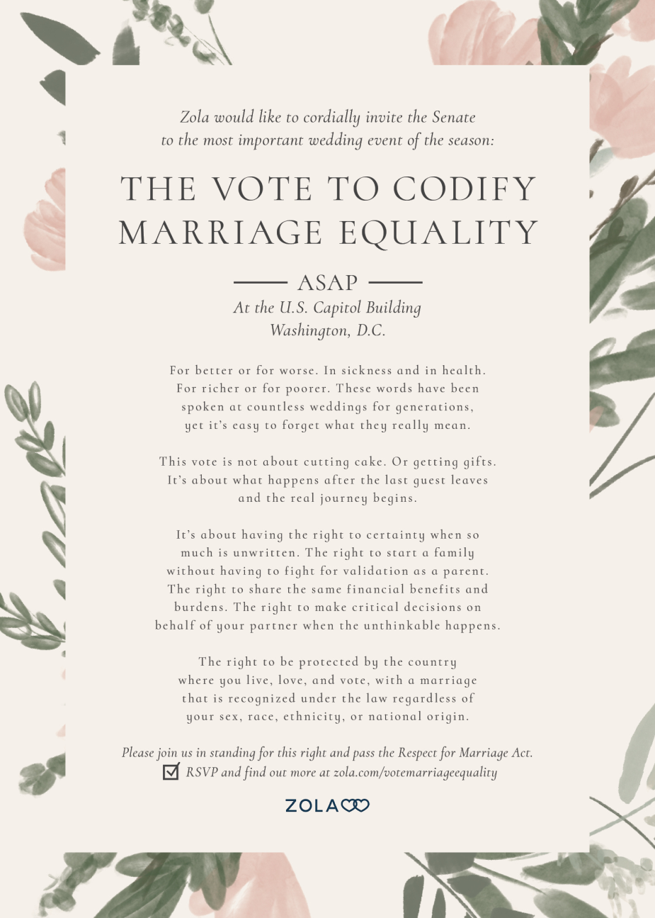 what is good customer service, Zola’s marriage equality invitation 