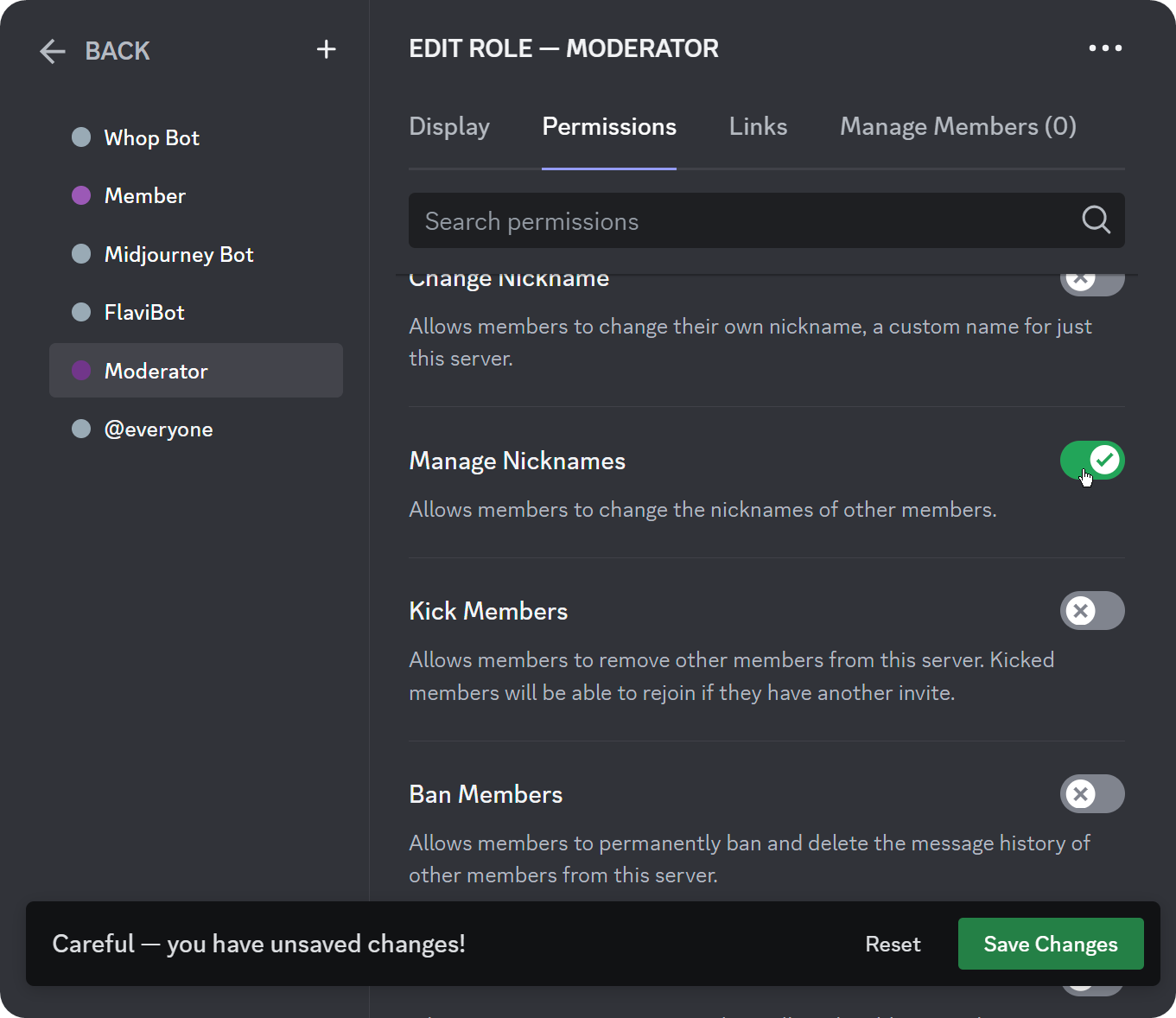 The permissions tab of a role in the Roles section of Server Settings on Discord