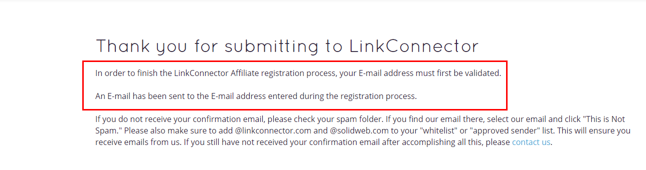 LinkConecctor affiliate network confirmation of email notification message  page