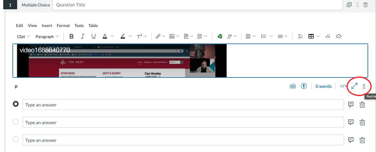 Screenshot of the Rich Content Editor with the resizing buttons circled.