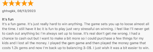 A 5-star reviewer calls it a fun game but is disappointed with how hard it is to win. 