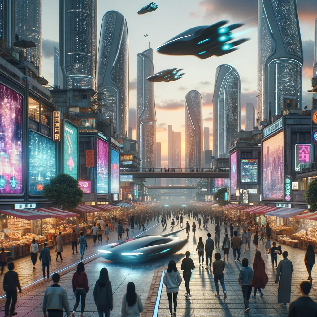 Photo of a bustling marketplace in a futuristic city. The sky is dotted with sleek flying cars zooming by. Numerous people of diverse descent and gender walk through the market, looking at the various stalls and shops. Holographic storefronts display vibrant advertisements, and tall skyscrapers loom in the background, their lights shimmering against the dusk sky.