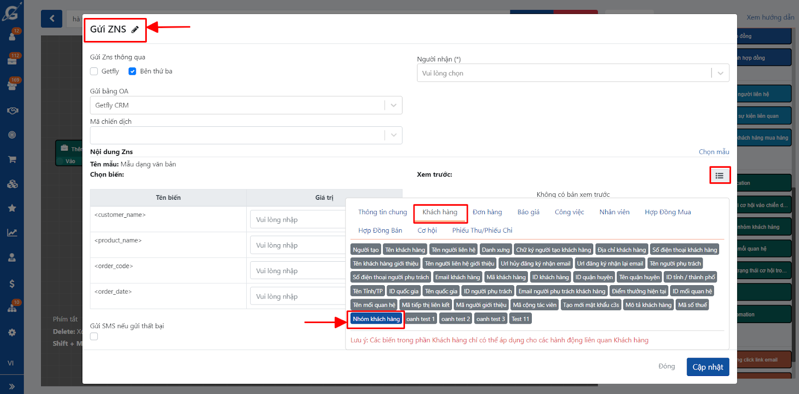 Bổ sung biến “nhóm khách hàng” trong hệ quả automation Zns