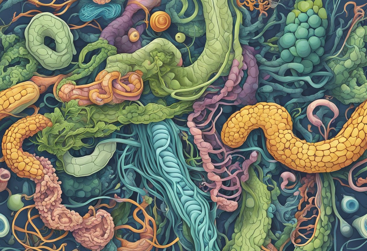 A chaotic mix of bacteria and organisms in the intestines, symbolized by tangled lines and swirling shapes