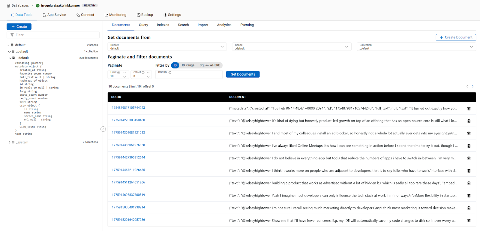 A Screenshot of the Couchbase Capella UI showing the list of created Documents