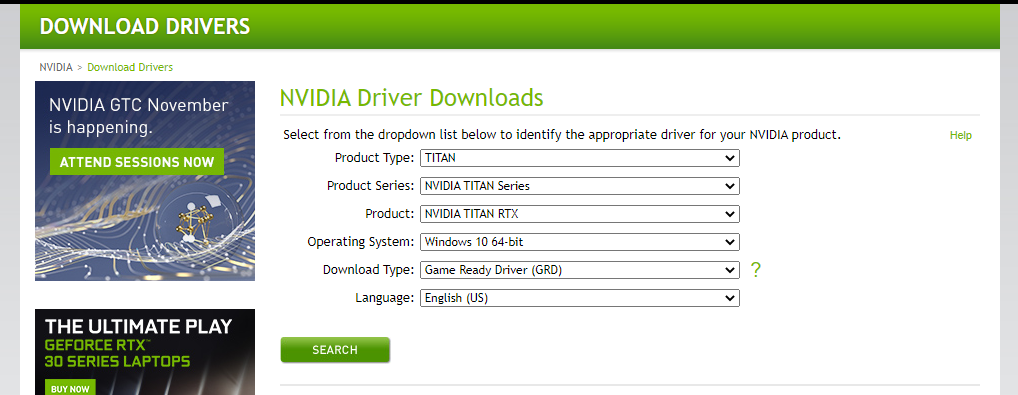 La sezione download dei driver grafici sul sito web di Nvidia