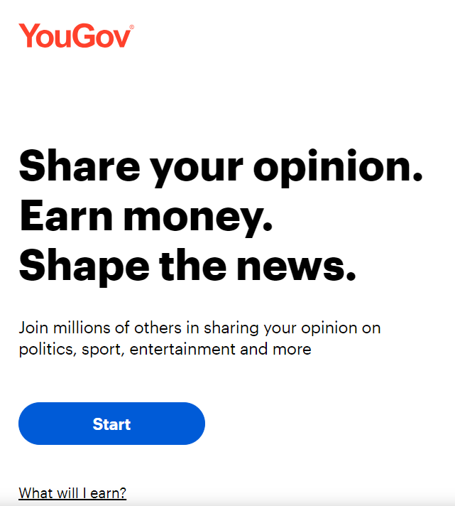 The YouGov website inviting users to sign up to earn money by sharing their opinions and shaping the news. 