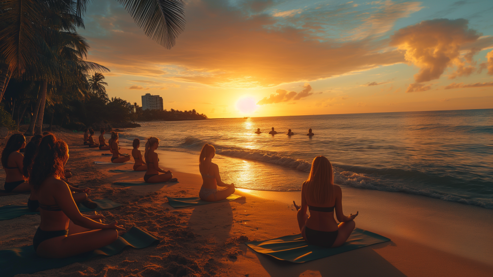 Morning yoga session on a beach in Playa del Carmen at sunrise.