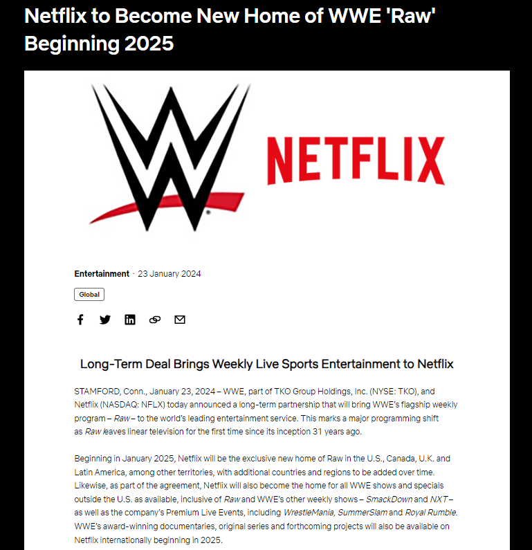 喜事連連！網飛佈局賽事直播，50億美元拿下WWE RAW獨家轉播權
