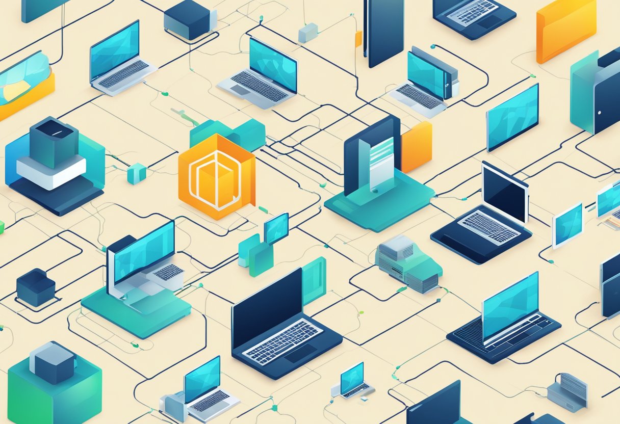 Various computer systems and networks connected by a web of links, symbolizing the importance of link building for SaaS partnerships