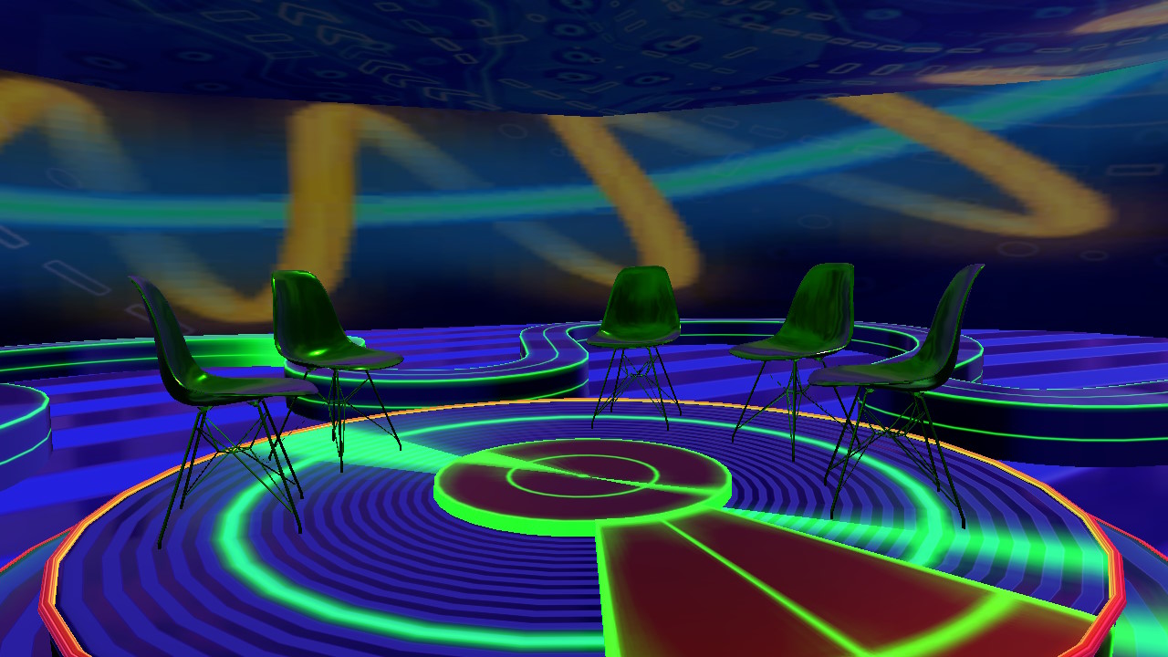 A screenshot of a VRChat world called Area 42. The screenshot shows five chairs in a psychedelic style room.