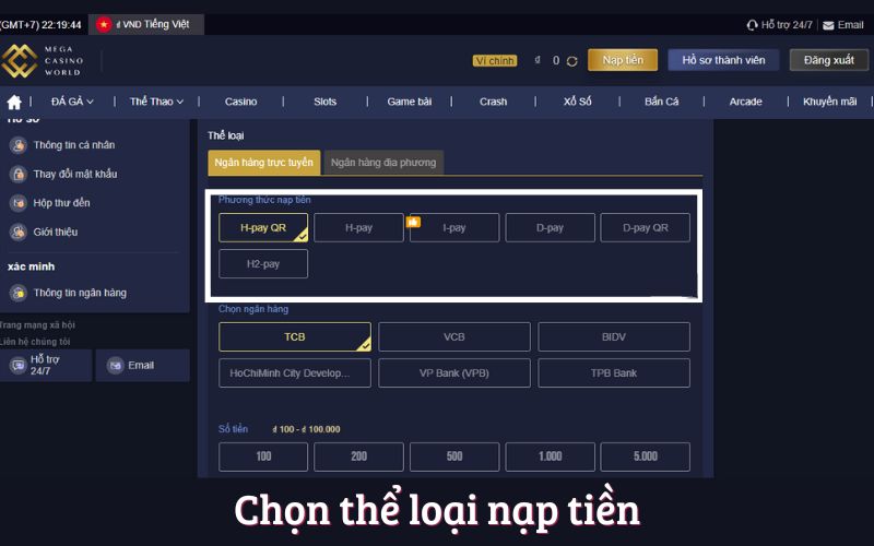 Chọn thể loại nạp tiền