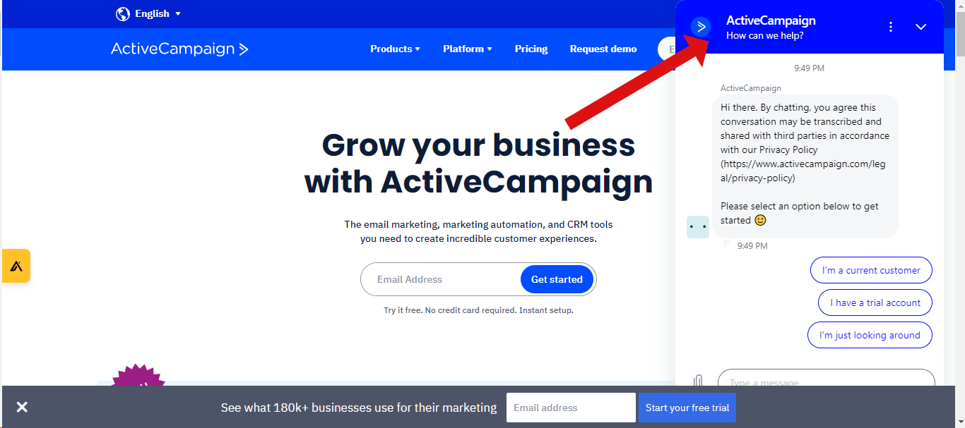 Homepage of ActiveCampaign featuring a chatbot for instant assistance.