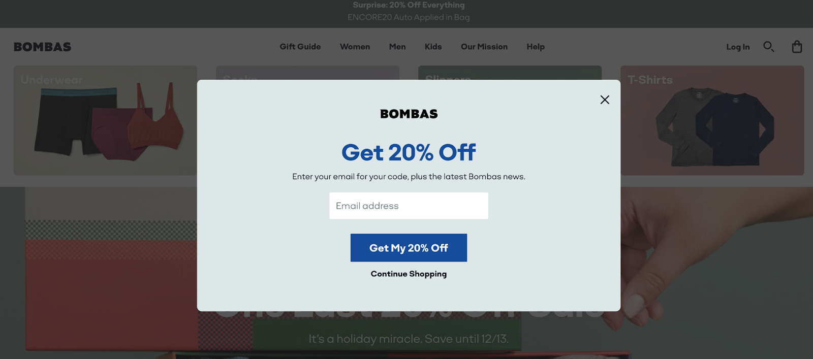 Screenshot of a 20% off pop-up offer on the Bombas website.