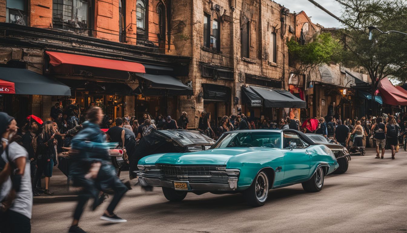 A vibrant street scene during SXSW festival in Austin featuring diverse crowd.