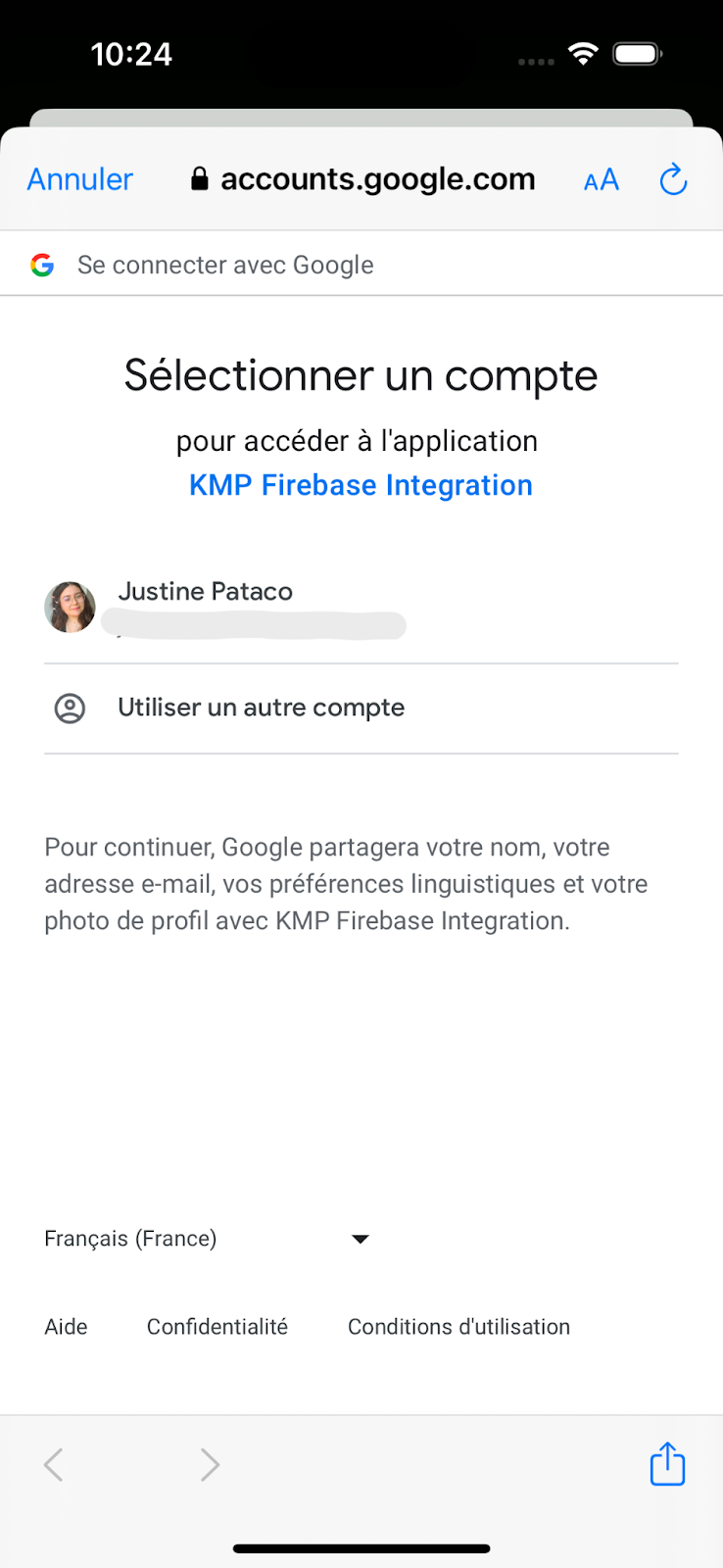 Pop-up Google permettant de choisir une adresse mail pour l'authentification