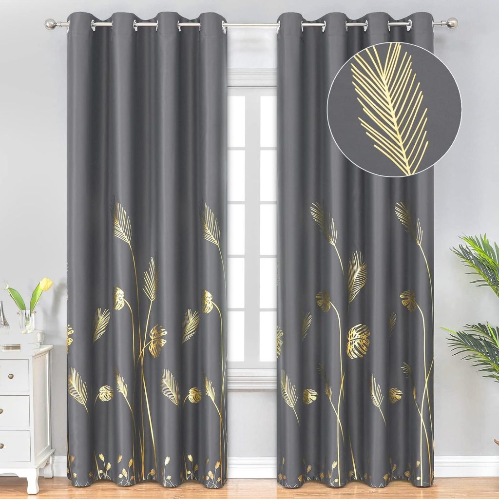 a pair of curtains with gold leaves on them, Bedroom Curtain