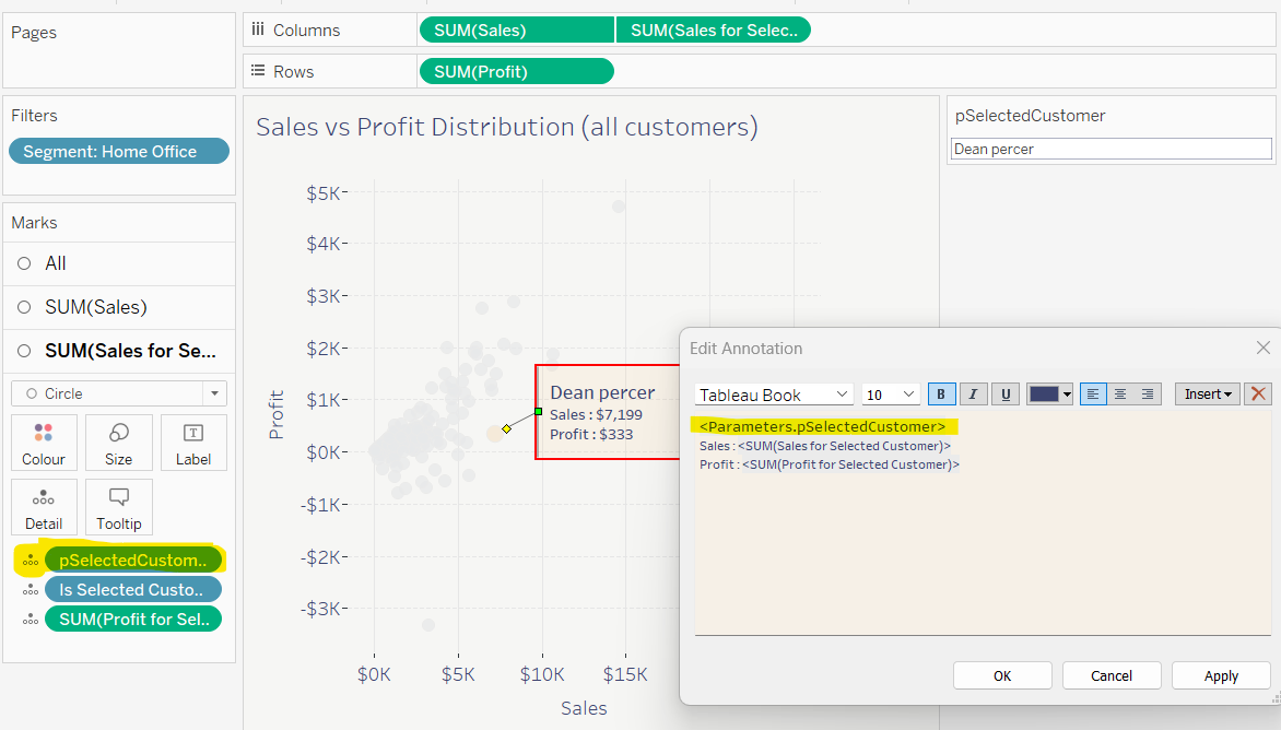 Image indicates that the parameter should be added to the Detail shelf in Tableau and also referenced in the Edit Annotation dialog box.
