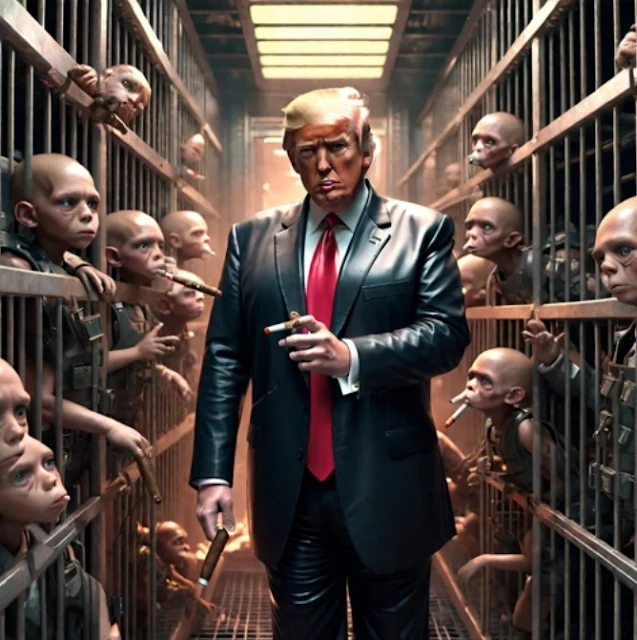 Donald cigar in hand wearing leather suit h jut ice America in walking through cages of weird children