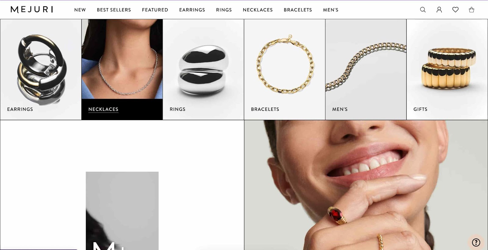 Mejuri website hovering over necklaces showing a model wearing the pictured necklace
