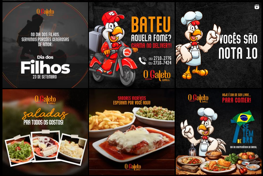 Exemplo de 3 posts agrupados do cliente O Galeto Grill contedo o mascote, o galo e 3 posts contendo outros tipos de posts com fotos de pratos e textos.
