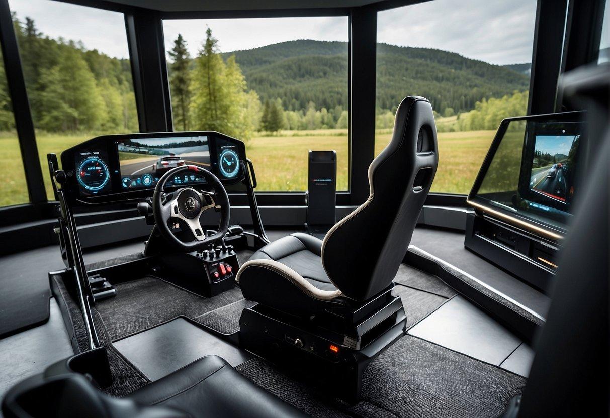 A racing simulator setup with a steering wheel, pedals, and a large screen. A comfortable racing seat with adjustable settings for optimal positioning. Surround sound speakers and a sturdy frame to hold all the components in place