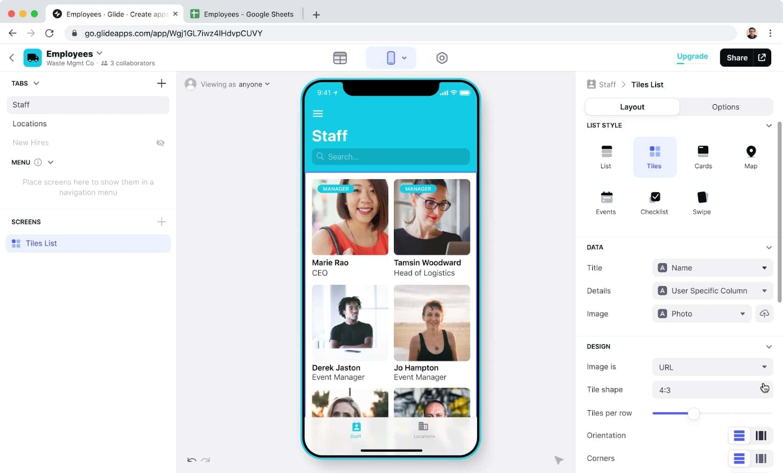 A staff page for a company app being built in Glide’s editor.