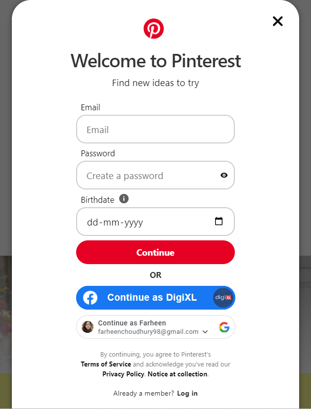 Pinterest - opening up an account